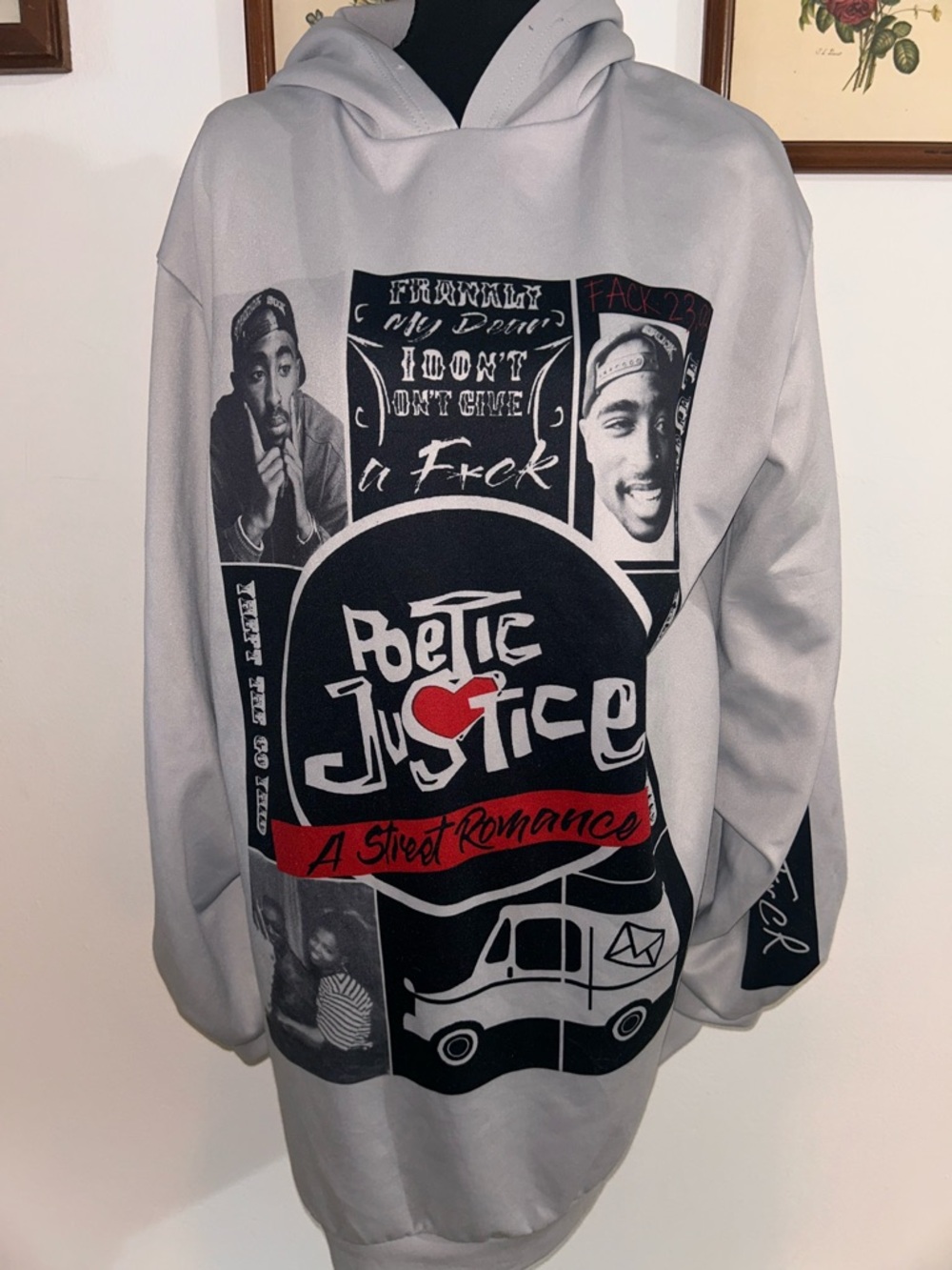 Graphic 'Poetic Justice' Hooded Sweatshirt - Light Gray with Black & Red Print